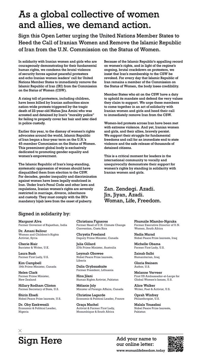 Today, I'm proud to stand with so many around the world in solidarity with the courageous women and girls in Iran. Your protests have inspired us.