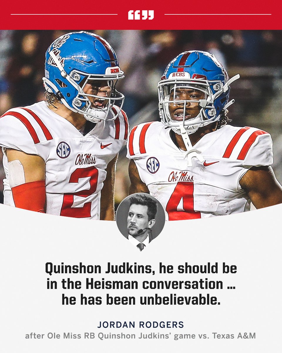 SECNetwork's tweet photo. The yards. The touchdowns. The dynamic playmaking ability.

@JRodgers11 wants @OleMissFB's Quinshon Judkins in the Heisman conversation 👀 https://t.co/sSm9cyYSd5