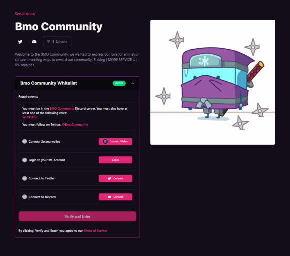 Hey BMO! 🚀

We've officially launched our whitelist application live on Magic Eden! Anyone can now apply for a whitelist spot 

Make sure to UPVOTE our page, so we can continue to grow the BMO family! 

magiceden.io/drops/bmocommu… 

#NFT #Solana #NFTGiveaways #NFTsCommunity #nftart