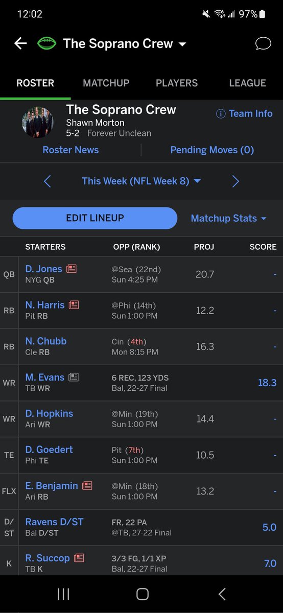 patriotfan012's tweet photo. Happy Sunday All!
Mahomes is on a bye week so need a big game from Danny Dimes!
Good luck in your leagues everyone and enjoy the games! π
12 Team PPR League!
#espnfantasyfootball #fantasy #fantasyfootball #ppr #nfl #Sunday #withmykid #touchdown #points #football https://t.co/a1qd7i7sku