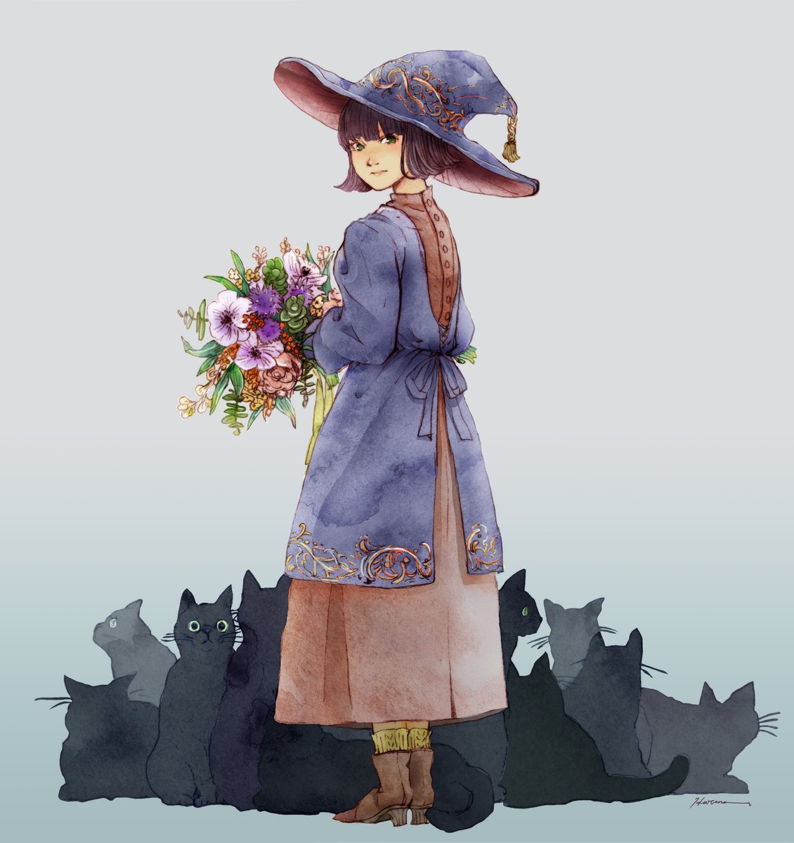 1girl flower hat cat witch hat bouquet dress  illustration images