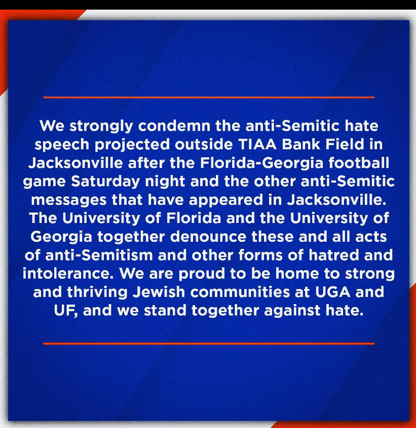 ADL's tweet photo. ADL calls upon elected leaders, candidates and the community to decisively condemn these hateful displays of antisemitism. We thank @UF and @universityofga for denouncing the hateful antisemitic act at the football game. https://t.co/An3cxkFmkD