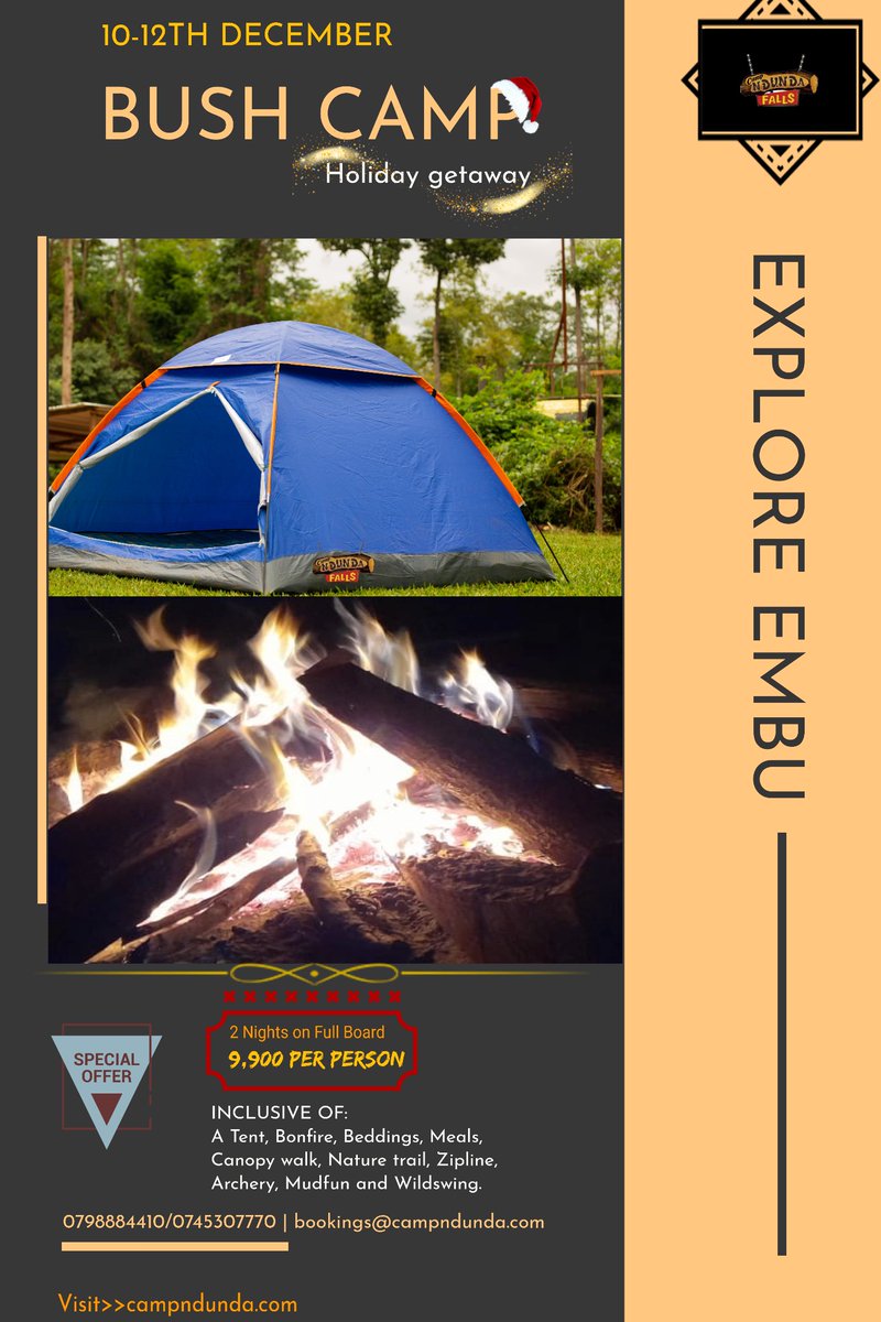 NdundaCamp's tweet photo. Bush Camp -Holiday getaway. Camp at Camp https://t.co/khwEc3pCyg Now and Reserve your Tent.
Mapema ndio best.
Book via | 0798884410/0745307770 | bookings@campndunda.com
#ExploreEmbu #adventure #tembeaembu #bushcamping #familynight #Twendesitevisit #camping #campsite #traveller https://t.co/kWroDoG005