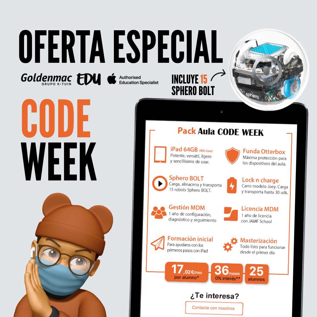 GoldenmacEDU's tweet image. Aprovecha esta oferta especial #codeweek y equipa tu aula para empezar con #Programacionparatodos. 

Incluye 👇🏼
📱iPad 64GB (9th Gen)
🪖 Funda Otterbox
🤖 15 Sphero BOLT
🛡️ Gestión + Licencia MDM
👨🏼‍🏫 Formación inicial
⚙️ Masterización

Ponte en contacto con nosotros para más ℹ️