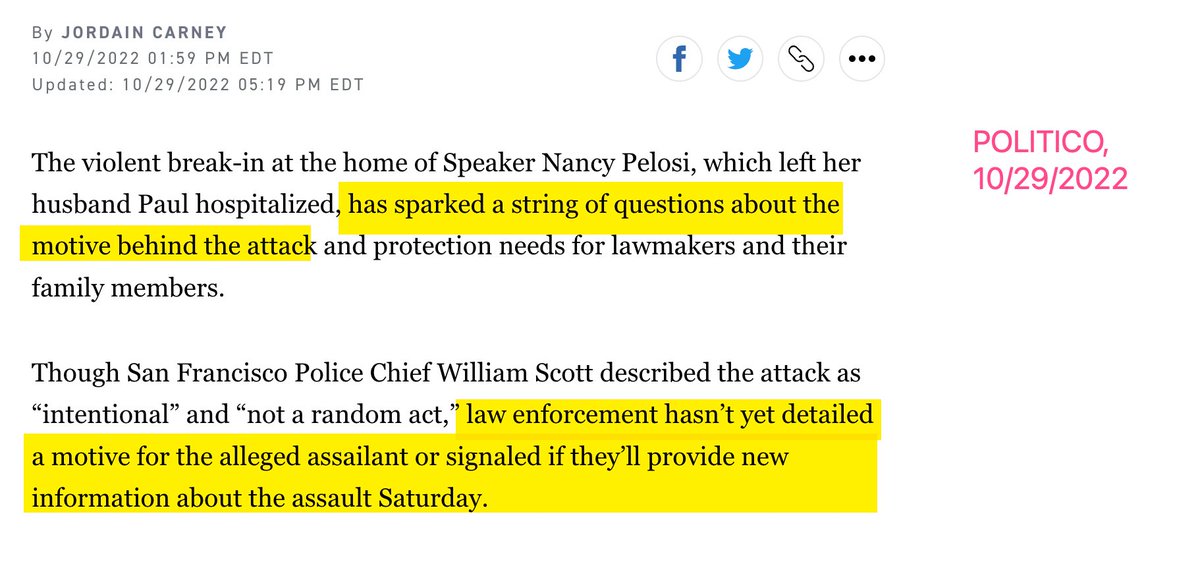 Glenn Greenwald (@ggreenwald) on Twitter photo Police investigating the Paul Pelosi attack continue to state they *do not know the motive.*
Yet liberal "thought leaders" like <a href="/HillaryClinton/">Hillary Clinton</a> and <a href="/jimmykimmel/">Jimmy Kimmel</a> have decreed that not only is the motive known to them, but only insane or malicious people would question them. Police investigating the Paul Pelosi attack continue to state they *do not know the motive.*
Yet liberal "thought leaders" like <a href="/HillaryClinton/">Hillary Clinton</a> and <a href="/jimmykimmel/">Jimmy Kimmel</a> have decreed that not only is the motive known to them, but only insane or malicious people would question them.