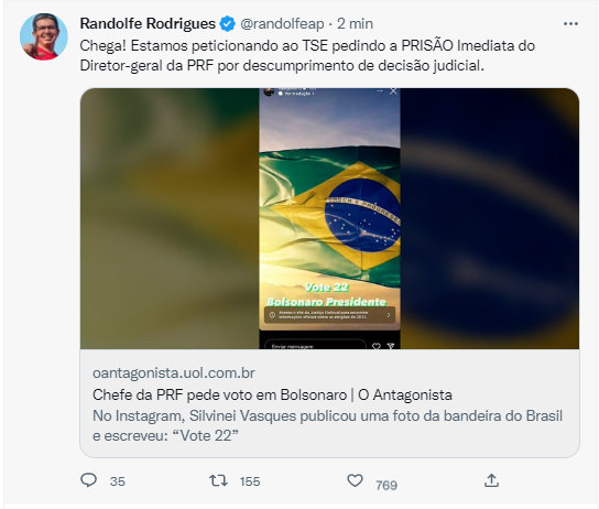centralpolitcs's tweet photo. 🚨DEIXEM O NORDESTE VOTAR:

@randolfeap informou, através de sua conta de Twitter, que ele peticionou ao TSE pedindo a PRISÃO Imediata do Diretor-geral da PRF por descumprimento de decisão judicial. https://t.co/6VNuUUBVpg