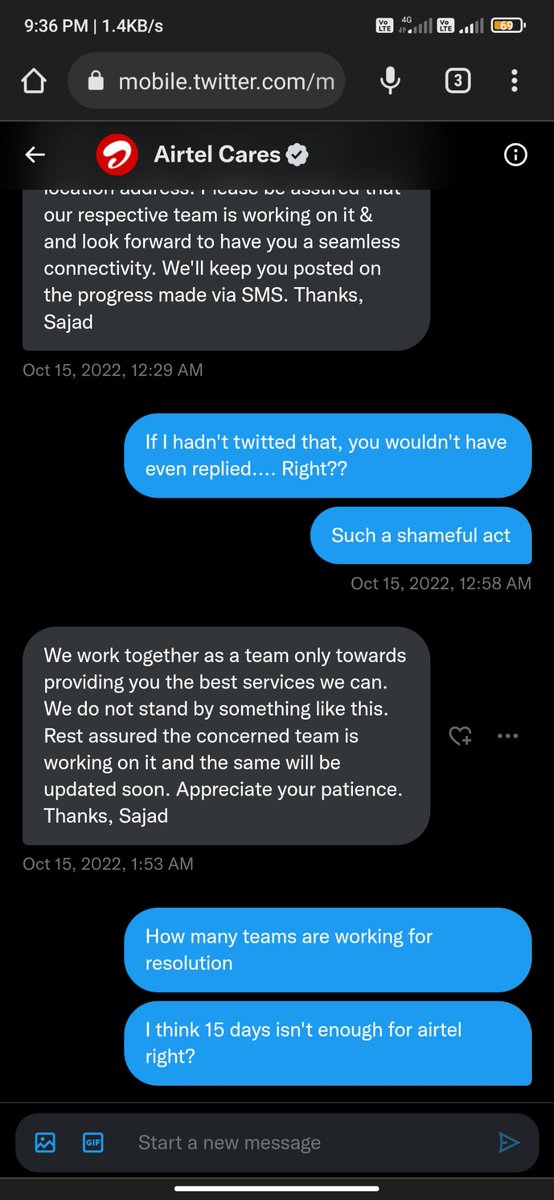 Therealhuman07's tweet photo. @Airtel_Presence I think 15 days isn't enough for 
@airtelindia 
 to resolve my issue..  such a terrible service.. you should be ashamed of calling themselve fastest 5G network 🙏🏻🙏🏻🙏🏻 https://t.co/Z4tmDjMQnF