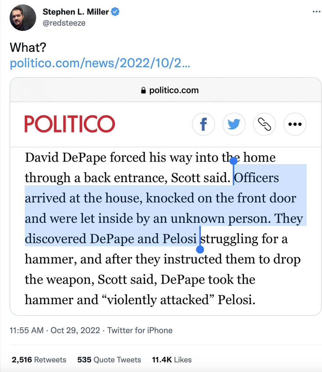 ggreenwald's tweet photo. I'd like to know:

* How someone broke into the home of one of the richest and most powerful families without setting off an alarm.

* How Paul Pelosi could call 9/11 in the middle of this.

* Who is the "unknown" person who opened the door for the police?

* Where is the video? https://t.co/eaQCjiqycP
