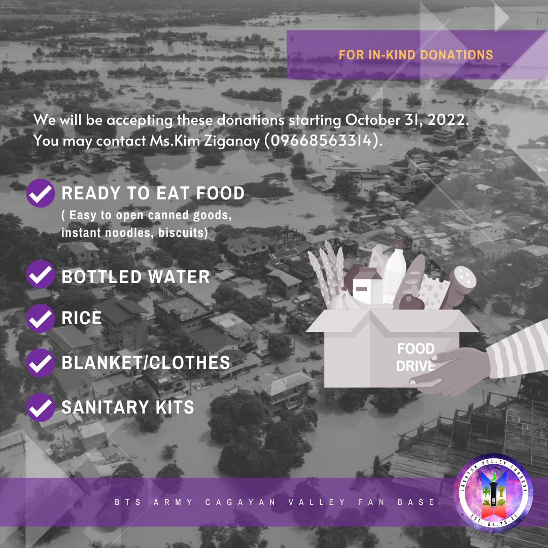 BTSARMYCVF's tweet photo. #PAENGPH Call for donations‼️

Due to the nonstop rain brought by the typhoon Paeng and Magat having spill gates open, parts of Tuguegarao and other nearby towns are again inundated. Some of our kababayans are again spending time and nights in the evacuation centers. https://t.co/EoscOsoCvx
