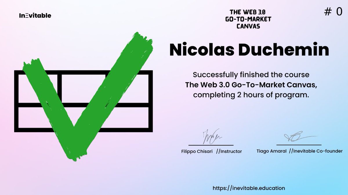Just got my Web3 Go-to-Market Canvas certification from <a href="/byinevitable/">Inevitable</a>!

#Web3 #GTM #GoToMarket
