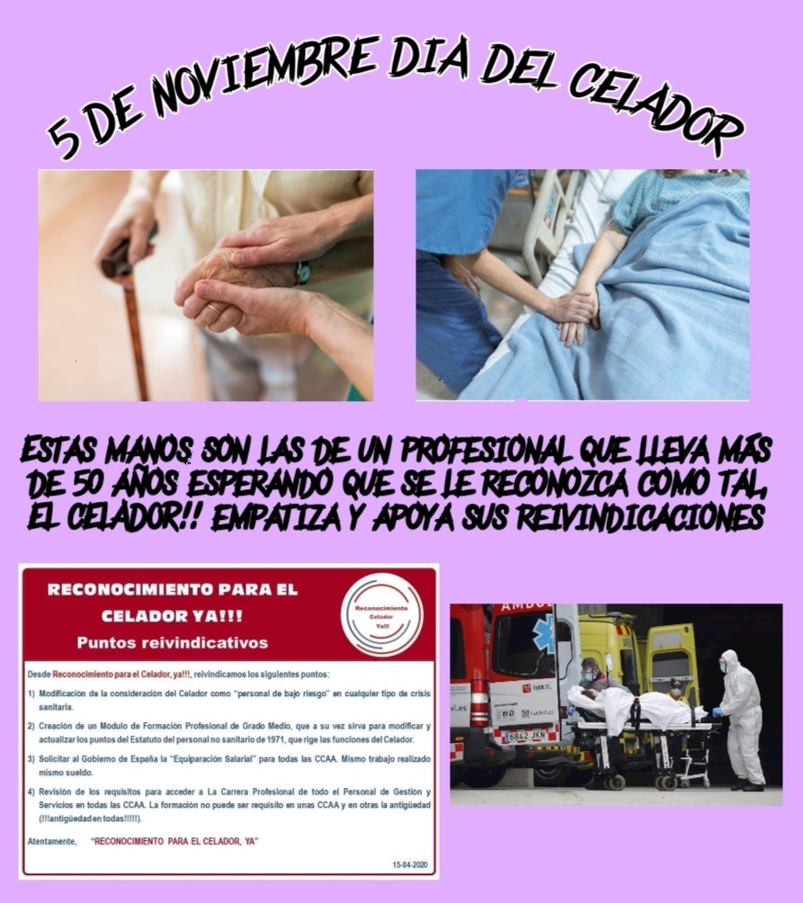5 de noviembre día del celador
Cartel Oficial de la plataforma para ese día

El día 5 se intentará dar visibilidad a los celadores a través del hastag #ParaCelador

#ParaCelador