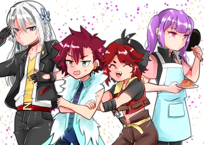 4人だったんで某四転皇のコスプレに勤しむ水無月くん、まとちん、サクラちん、カノンくんちゃんでした!某z4のコスにしようと思ったんですけどラバにゃの衣装が際どすぎるので辞めた※ハロウィンをコスプレイベントだと思ってる人間の所業です #ブレーダー化交流記録 