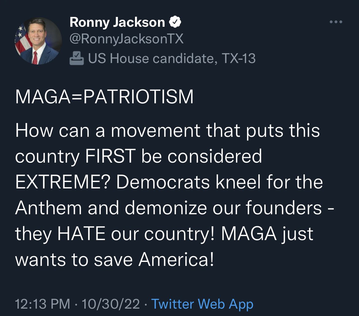 He answered his own question in the same tweet. Teaching the whole truth about historical figures instead of the mythologized version is “demonizing.” Saying that people who disagree with you, or exercise a first amendment right, “hate” their country. That is extremism.