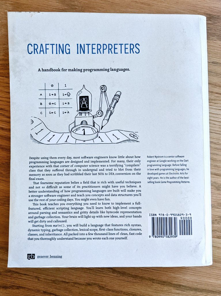 I finished reading "Crafting Interpreters" by <a href="/munificentbob/">Bob Nystrom</a> today! I highly recommend this book to all intermediate and advanced programmers. It's been an excellent source of inspiration while I've been building an interpreter and compiler for a new programming language. Thanks!