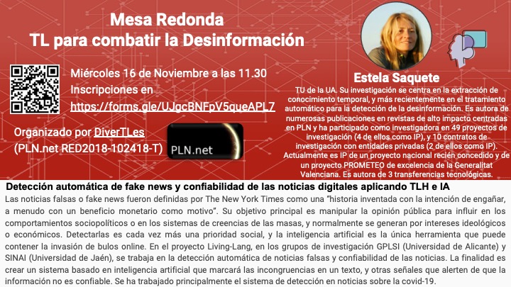 maite_martin's tweet photo. 📢Mañana celebramos la mesa redonda “#TL para combatir la #Desinformación” que organiza💜#DiverTLes virtualmente👩‍💻 

🗓️16 de noviembre a las🕛11.30 
 
✍️Inscríbete en➡️https://t.co/eJhMQG8LQg
 
💜#DiverTLes #WomenInNLP #MujeresEnPLN 
👇 https://t.co/NuxJ2btupY