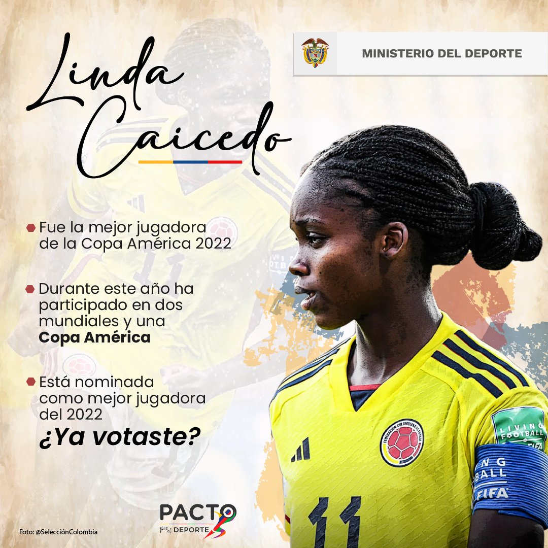 MinDeporteCol's tweet photo. ¿Conocen a @LindaCaicedo10? ¡Claro que sí! 

Ella es la figura mundialista que, junto con la japonesa Momoko Tanikawa, son las goleadoras del mundial con cuatro goles cada una. #TodosSomosColombia  

Vota por ella como mejor jugadora del 2022 en 👉 https://t.co/kGvu11ZYwZ https://t.co/0P5LT6hPN3