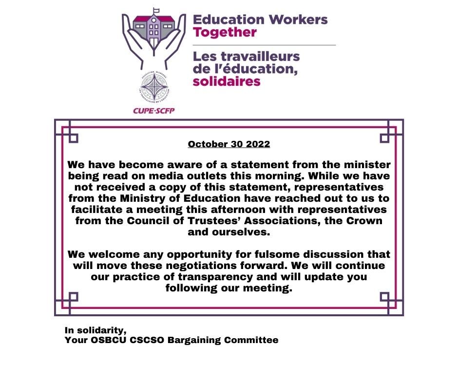 osbcucscso's tweet photo. OSBCU 2022 Bargaining Update # 32 | Négociation du CSCSO 2022 - Mise à jour no 32 - Response to Minister's Statement #OntEd  #OnPoli https://t.co/OYyktbtCqc https://t.co/NeeUJ7ca1L
