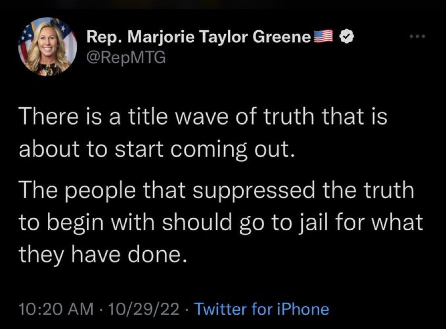 Can people not see the danger here? This woman has become a leading voice in the GOP, she’s on the short list for Trump’s VP, and she’s spinning propaganda as truth and actively calling for the jailing of political enemies based on that “truth”. This is horrifying.