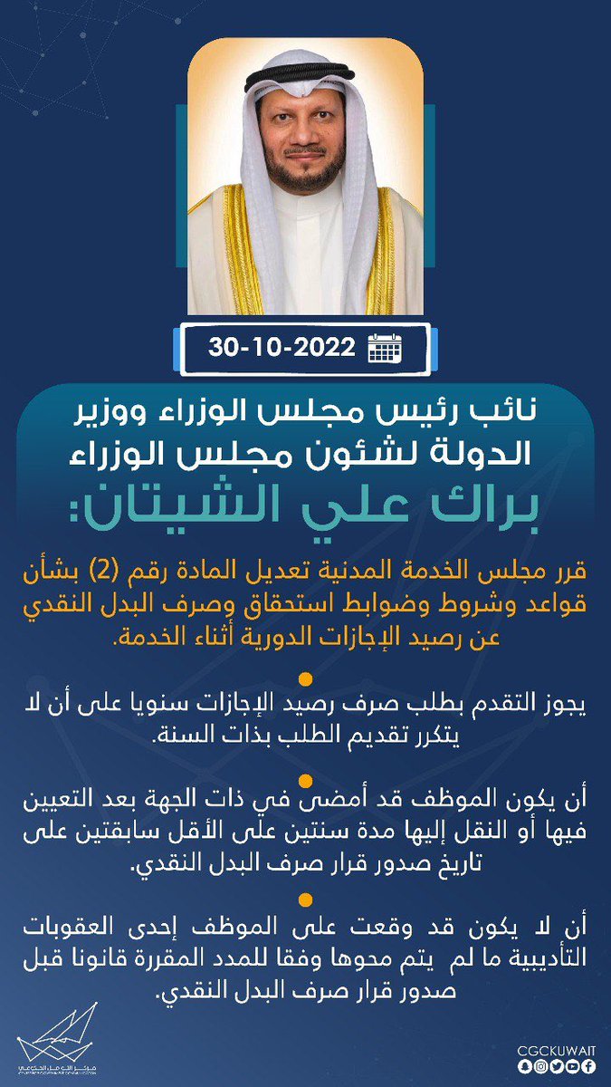 قرر مجلس الخدمة المدنية تعديل المادة رقم (2) بشأن قواعد وشروط وضوابط استحقاق وصرف البدل النقدي عن رصيد الإجازات الدورية أثناء الخدمة.

#CGCKuwait