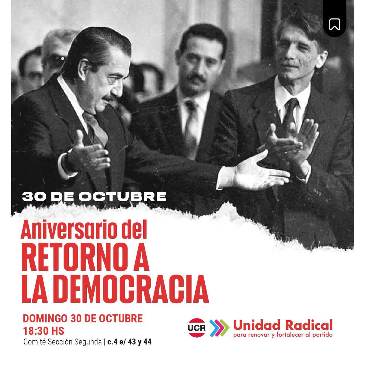 Hoy se cumplen 39 años del retorno de la democracia y desde #UnidadRadical queremos que seas parte de esta fiesta democrática para seguir fortaleciendo los valores y el legado de Raúl Alfonsín.

🗓️ Domingo 30 de Octubre.

🕐 18:30 Hs

📍Com.2da 4 e/ 43 y 44