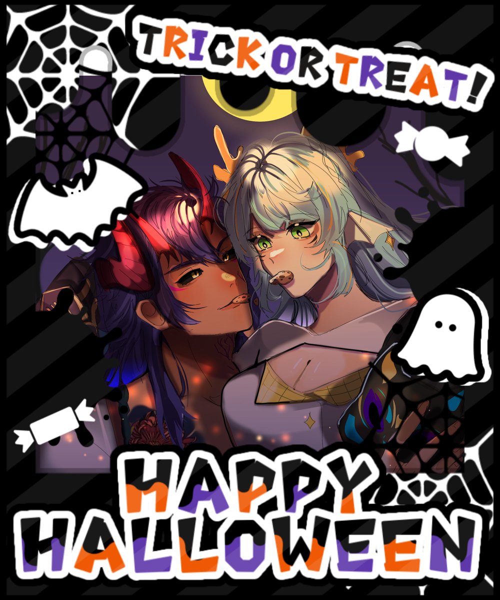 🎃🍭 Happy Halloween !!!🍭🎃 Let's celebrate this mischievous day with the two of us! We won't trick you into any mischief tonight, we would rather treat you with these sweets! @JibakureiRuki which house should we go next? #Vtuber #Halloween #Rukillustration #CanvAnya