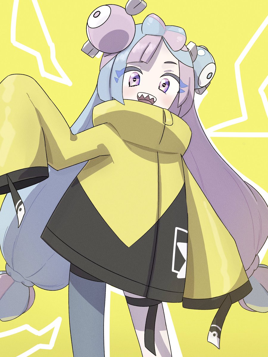 iono (pokemon) 1girl character hair ornament yellow jacket teeth solo sharp teeth jacket  illustration images