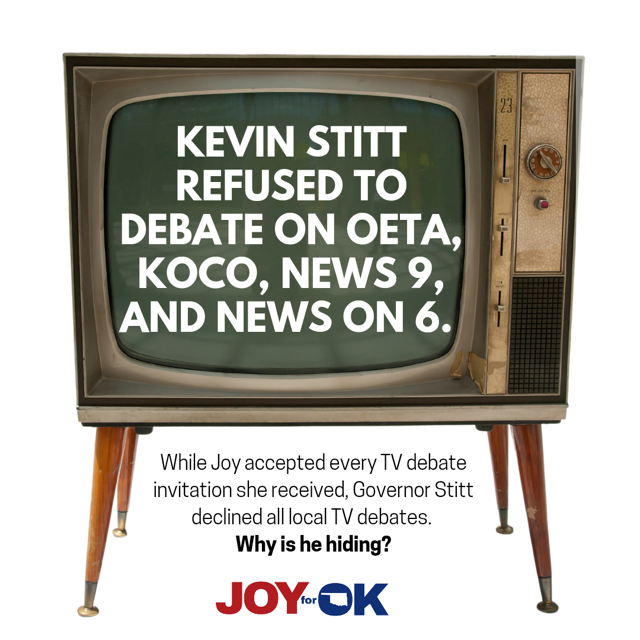 joy4ok's tweet photo. Stitt refused to commit to a locally televised debate, which is unacceptable. Oklahomans deserve better. We all suffer when politicians choose shady backroom deals and self-dealing over the people they are supposed to serve. https://t.co/Y6BlEhOQlm