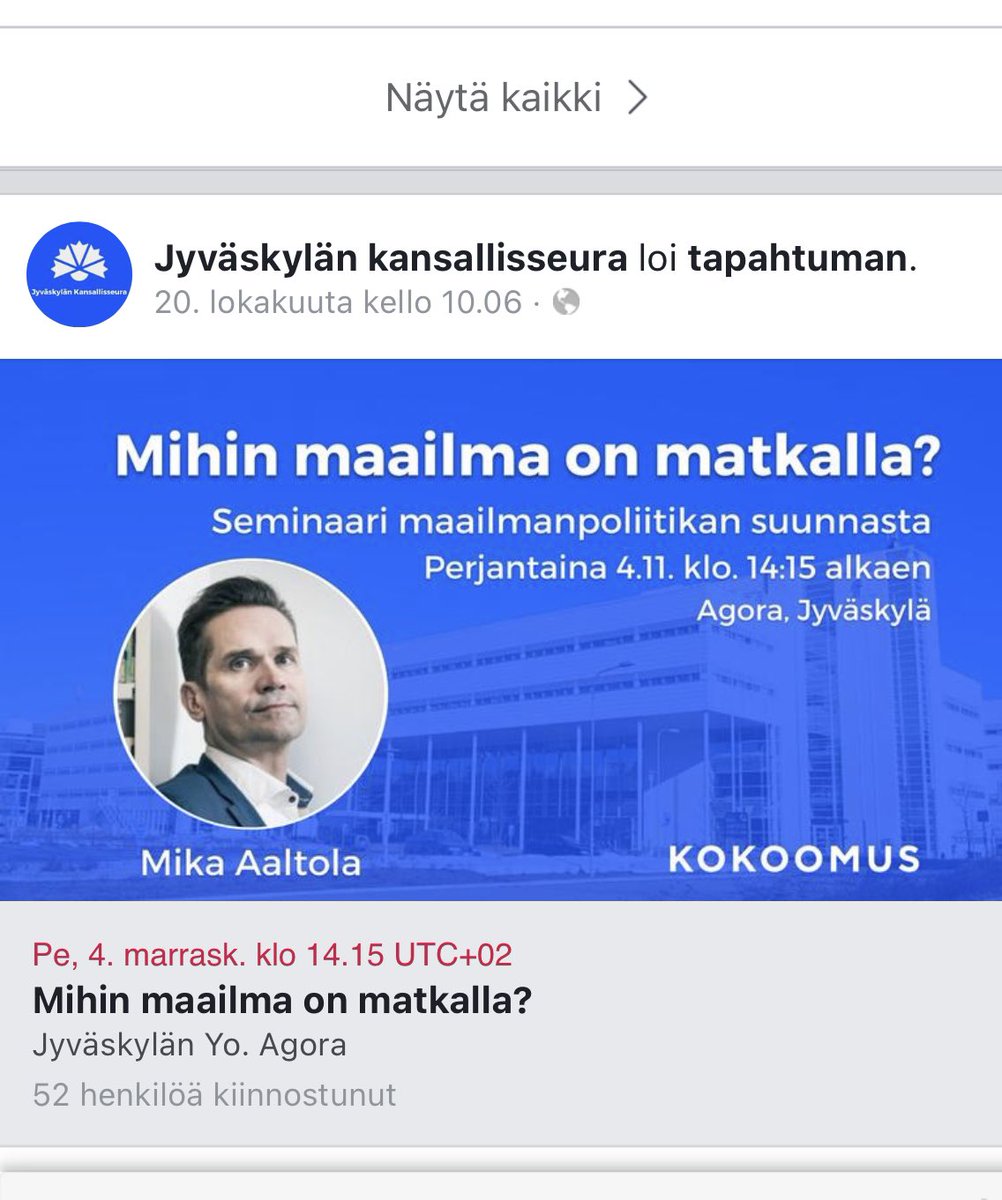 Mitäs tästä voi päätellä vai mitään? Mika Aaltola kokoomusjärjestön tilaisuuden puhujana 😄