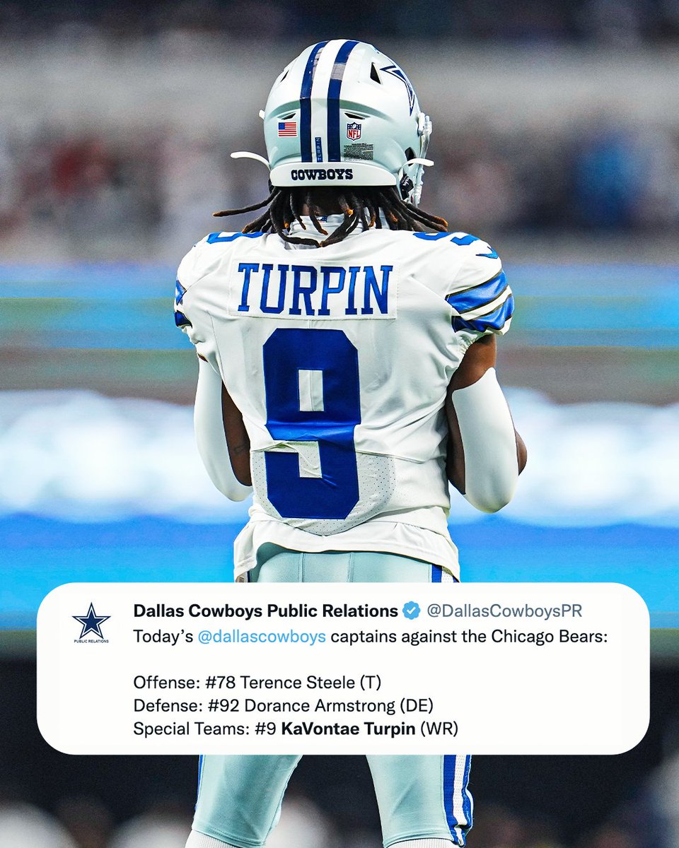 UFLonFOX's tweet image. Capt. Turp 🫡

@KaVontaeTurpin has been named a Captain for today's @dallascowboys game vs. the Bears.

(via @DallasCowboysPR)