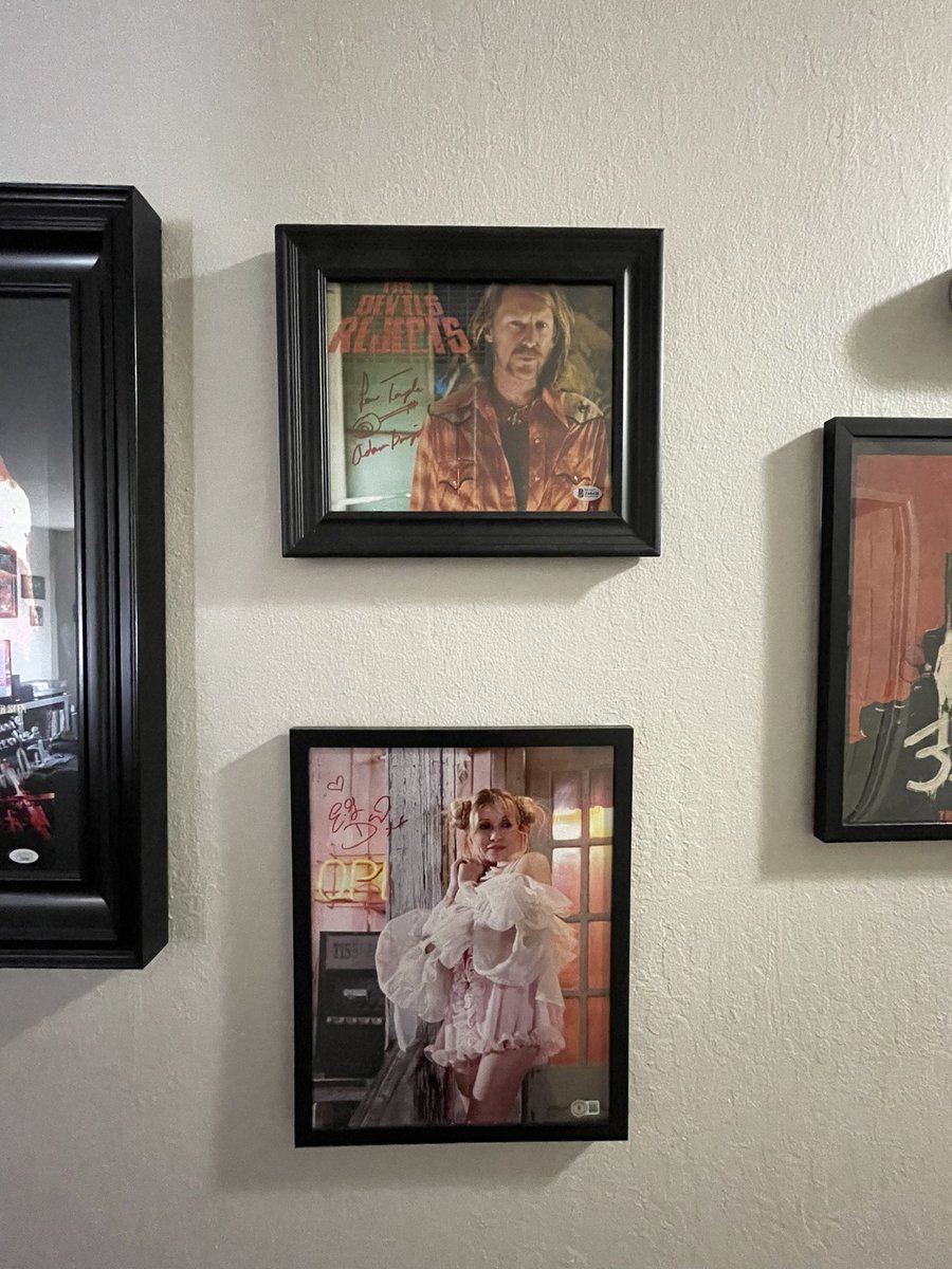 Finally got the picture wall up with our favorite film family, the Firefly’s. <a href="/battyjenn/">Jenn Moore</a> had to have the two <a href="/choptopmoseley/">Bill Moseley</a> autographs up. Have to look at him shirtless every day but there are worst things in life. RIP Sid, Karen and Irwin.