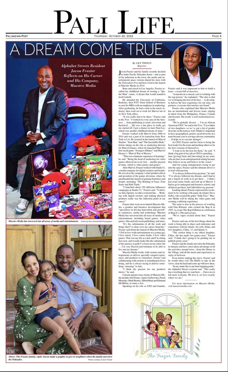 Javon Frazier (@javonfrazier) on Twitter photo Thank you Lily Tinoco, Rich Schmitt and the <a href="/PalisadianPost/">Palisadian-Post</a> for the full page feature on <a href="/TheMaestroTeam/">Maestro Media</a> and my family this month. They perfectly captured my journey as a business owner and entrepreneur and my family and I are very excited to call the Palisades our home. 🙏🏽 Thank you Lily Tinoco, Rich Schmitt and the <a href="/PalisadianPost/">Palisadian-Post</a> for the full page feature on <a href="/TheMaestroTeam/">Maestro Media</a> and my family this month. They perfectly captured my journey as a business owner and entrepreneur and my family and I are very excited to call the Palisades our home. 🙏🏽