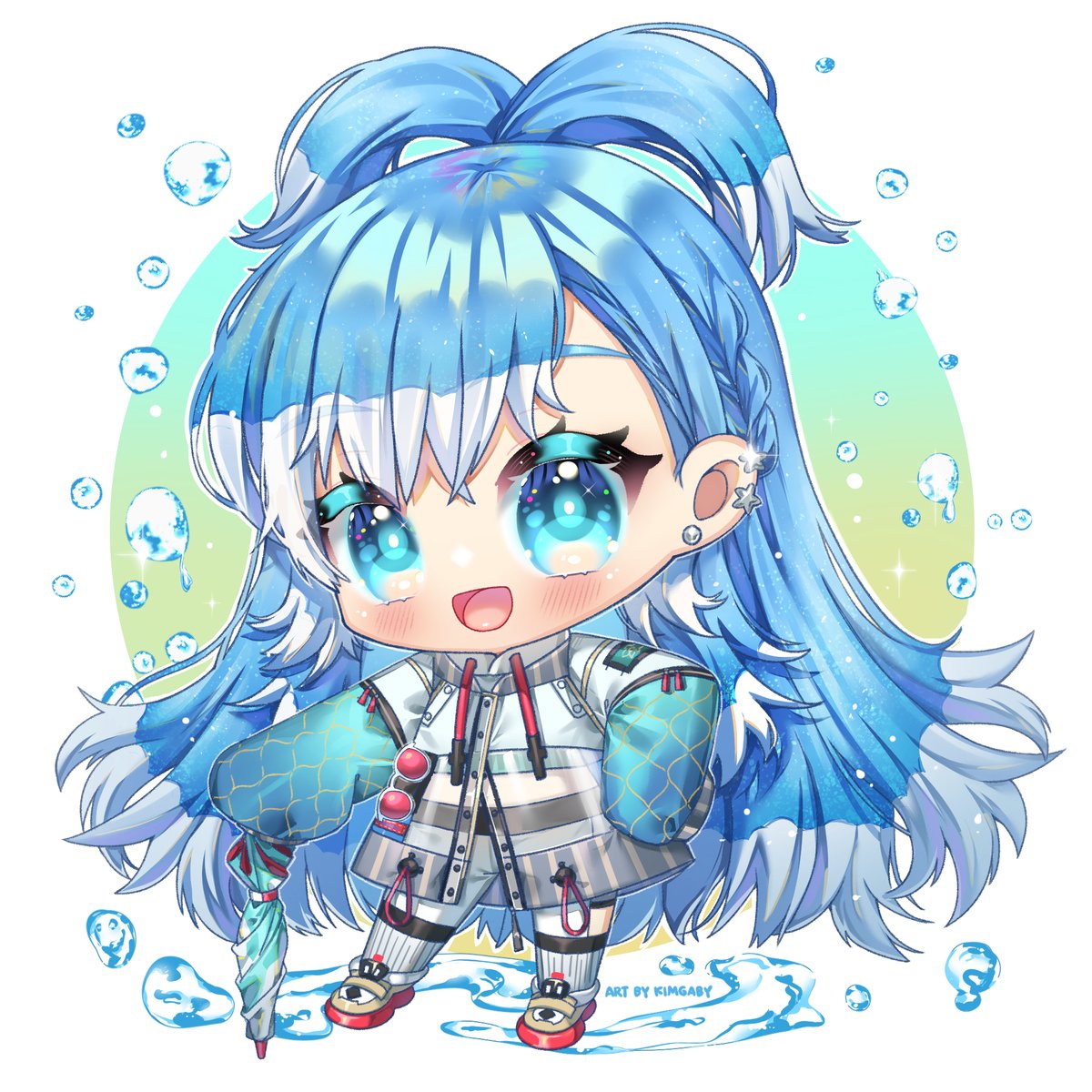 1girl blue hair chibi blue eyes see-through long hair umbrella  illustration images