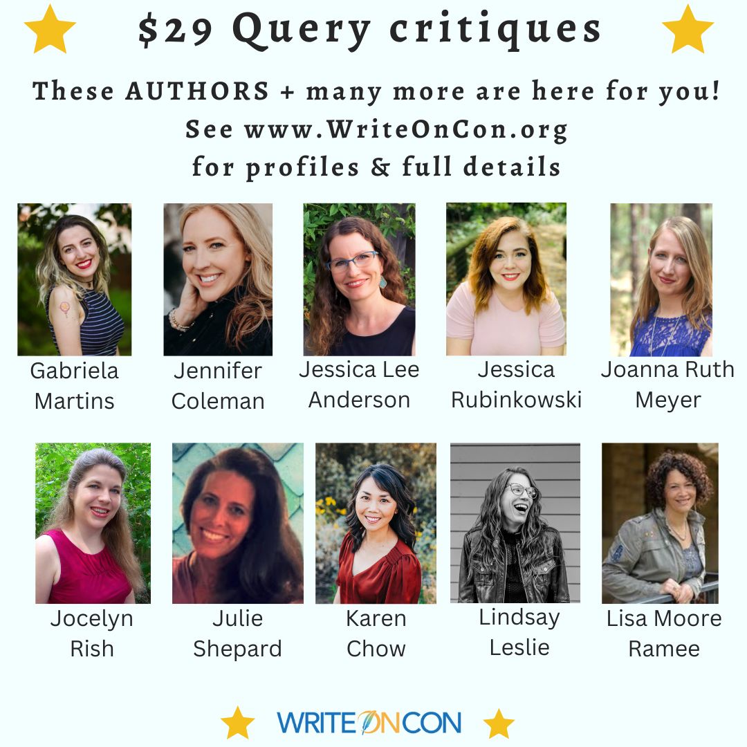 Query critiques for only $29 from published authors who've been through the submission ropes! Retweet to share the opportunity! (post 2 of 4) See writeoncon.org/critique-bouti… for details #WritingCommunity #amquerying #kidlit #picturebooks #middlegrade #youngadult