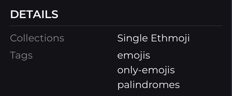 I have just noticed single ethmojis including the base singles have now palindrome tag attached to them on <a href="/ensvision/">Vision.eth</a>