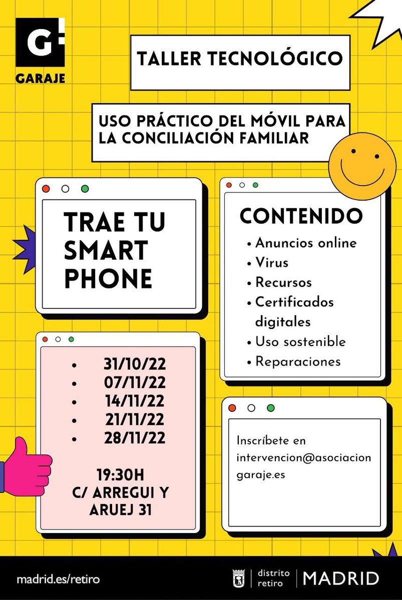 A partir de MAÑANA!
#Taller Tecnológico
🖥️📳🖥️📳🖥️📳🖥️

🗓️ OCT: 31
📅 NOV: 07/14/21/28
⏰ 10:30h en
➡️ C/ José Martínez de Velasco 22
⏰ 19:30h en
➡️ C/ Arregui y Aruej 31

<a href="/JMDretiro/">JMDretiro</a>