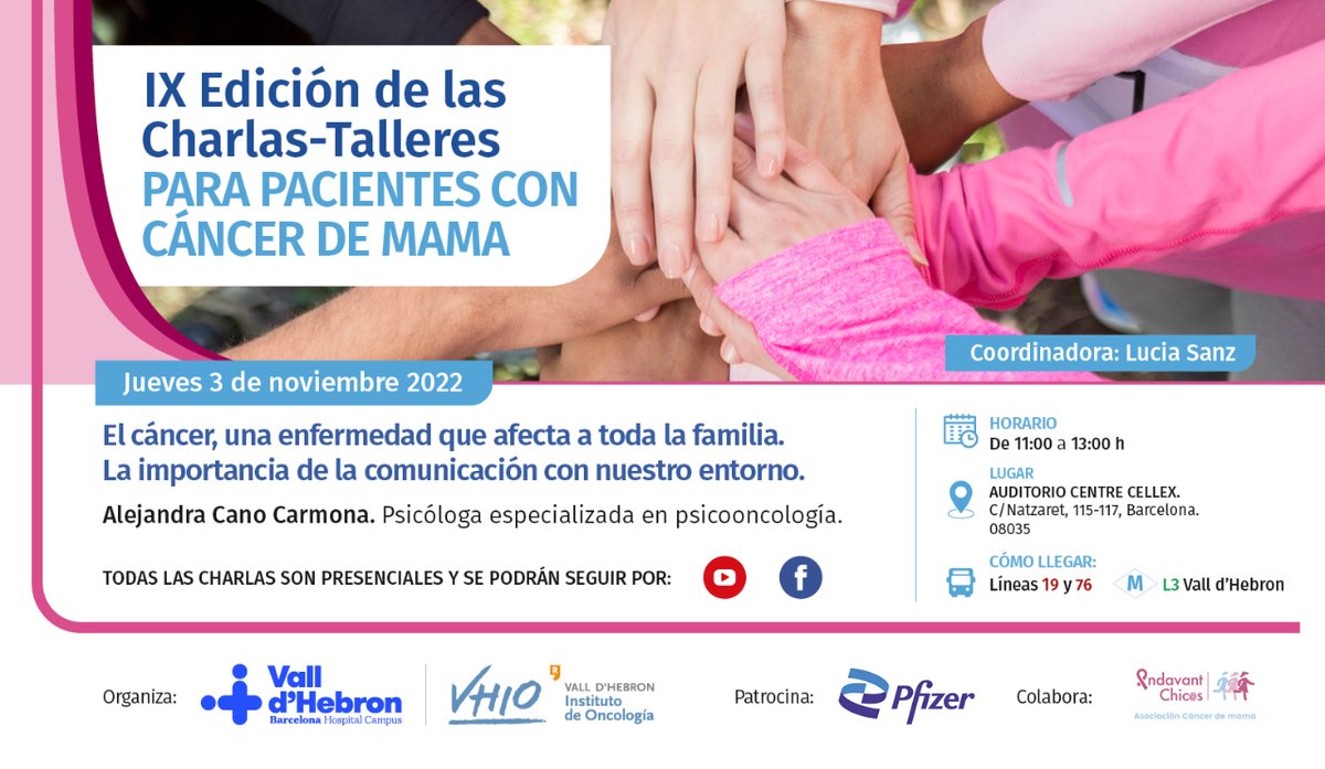 📣 Nuevo Taller para pacientes con #CáncerMama❗️ 🔹 El cáncer, una enfermedad que afecta a toda la familia. La importancia de la comunicación con nuestro entorno 👩‍⚕️ Alejandra Cano  🗓 3 de noviembre ⏰ 11 h 🔗 bit.ly/3hcky6K Con @ChicEndavant y @vallhebron #VHIOaTuLado
