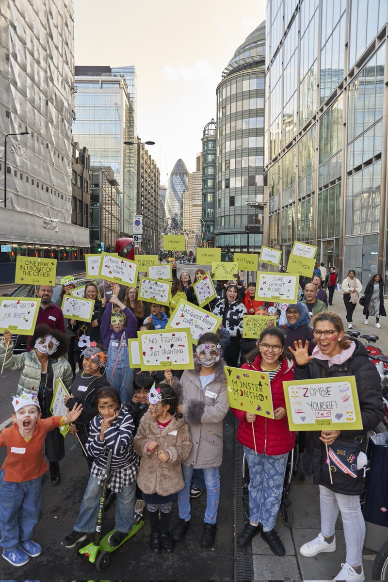 Mini_Stories's tweet photo. Today our young writers took to the streets in a #monstermarch from our home in Hoxton to our pop-up in Leadenhall Market to celebrate our 12th birthday and to raise funds for our community writing programmes. Please sponsor their monstrous demands here!: https://t.co/mgXX2tFXAD https://t.co/igqhKsmwMM