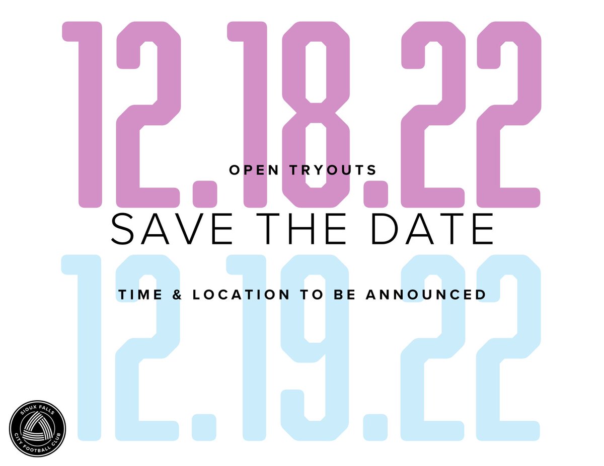 SiouxFallsCity's tweet photo. SFCFC tryouts will be held on December 18-19, 2022! Save the date; more details will be announced later. https://t.co/GMvzsTpDoL