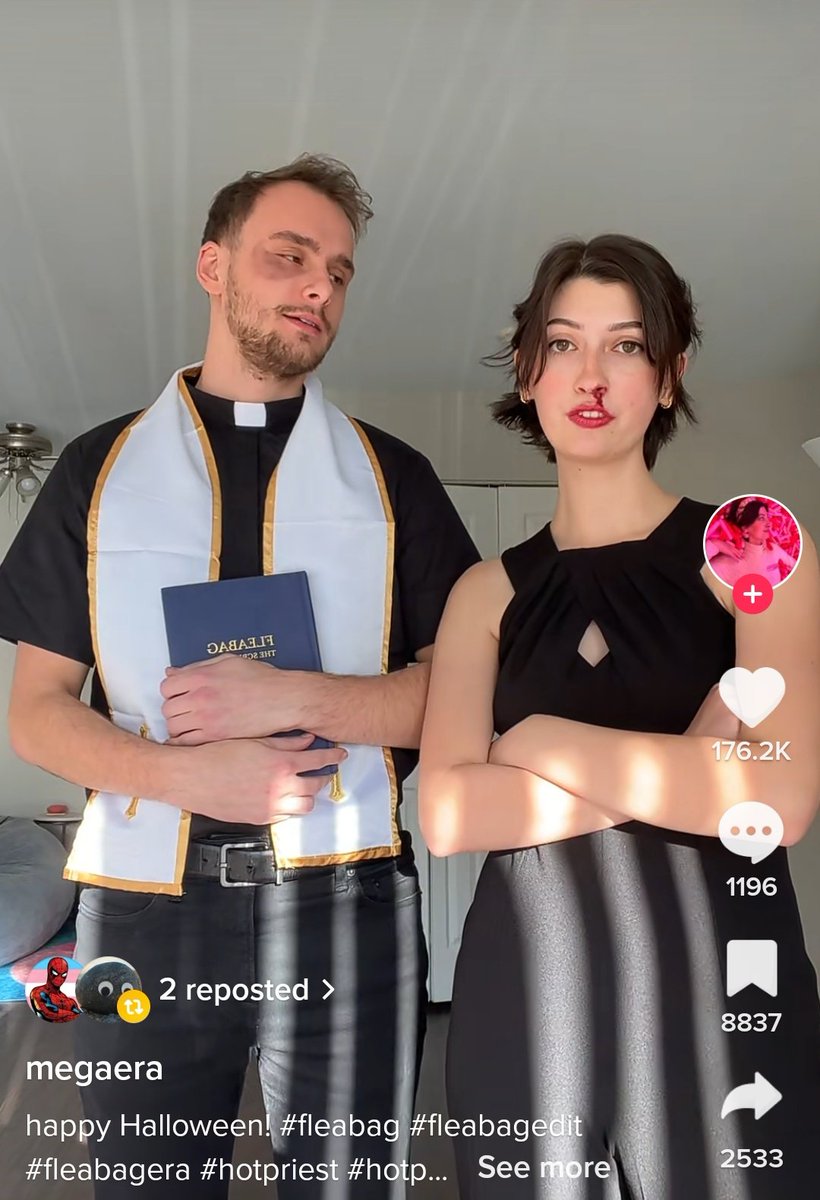 uIanova's tweet image. me ha salido esta pareja en tiktok disfrazados de fleabag y el cura si me necesitais estaré en mi habitación dándome golpes de cabeza contra una pared