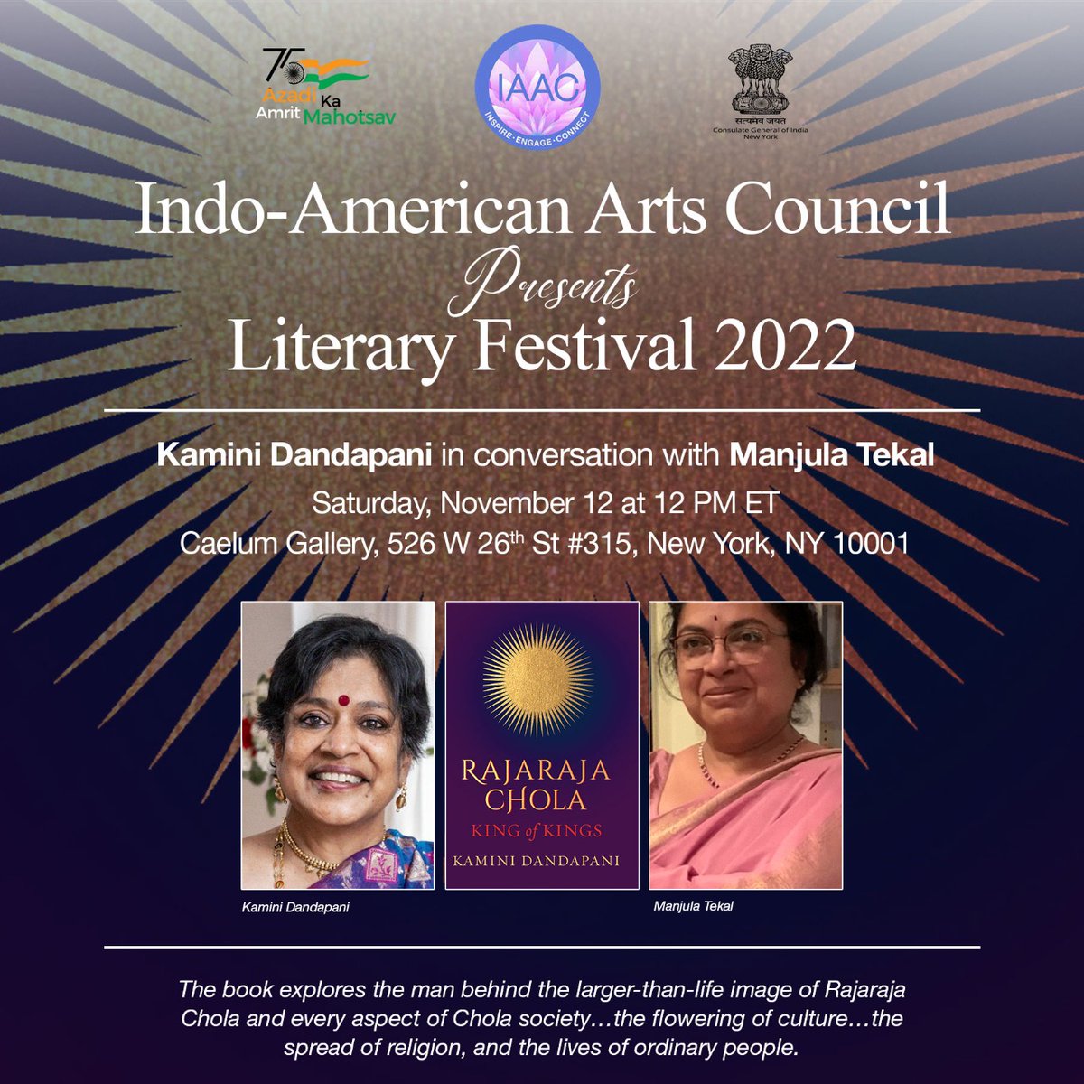 Indo-American Arts Council's, Literary Festival will feature author Kamini Dandapani in conversation with Manjula Tekal on Saturday Nov 12 at noon ET. This event is part of the day long sessions at the festival. 

#IAAC #Iitfest2022