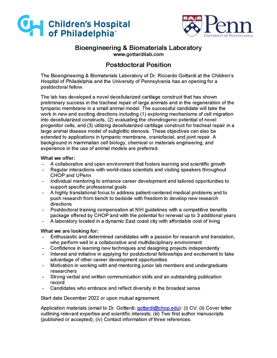 The <a href="/Bio2GottardiLab/">Gottardi Lab</a> has an opening for a postdoc position in a new super exciting research area studying progenitor cells repair in otolaryngology and translational cartilage engineering. If interested email me you application gottardir@chop.edu - Please distribute/retweet!