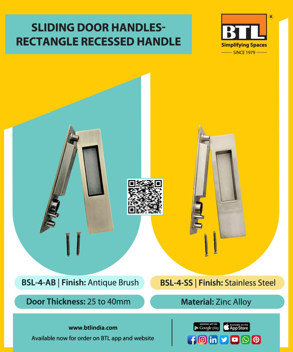 Sliding door handles for wooden doors in rectangle shape with recess to slide. Available in two finishes. Check here for details: btlindia.com/product/rectan…

#recessedhandle #slidingdoorhandle #doorhandle #btl #btlindia #hardware #furniturefittings #hardwarefittings