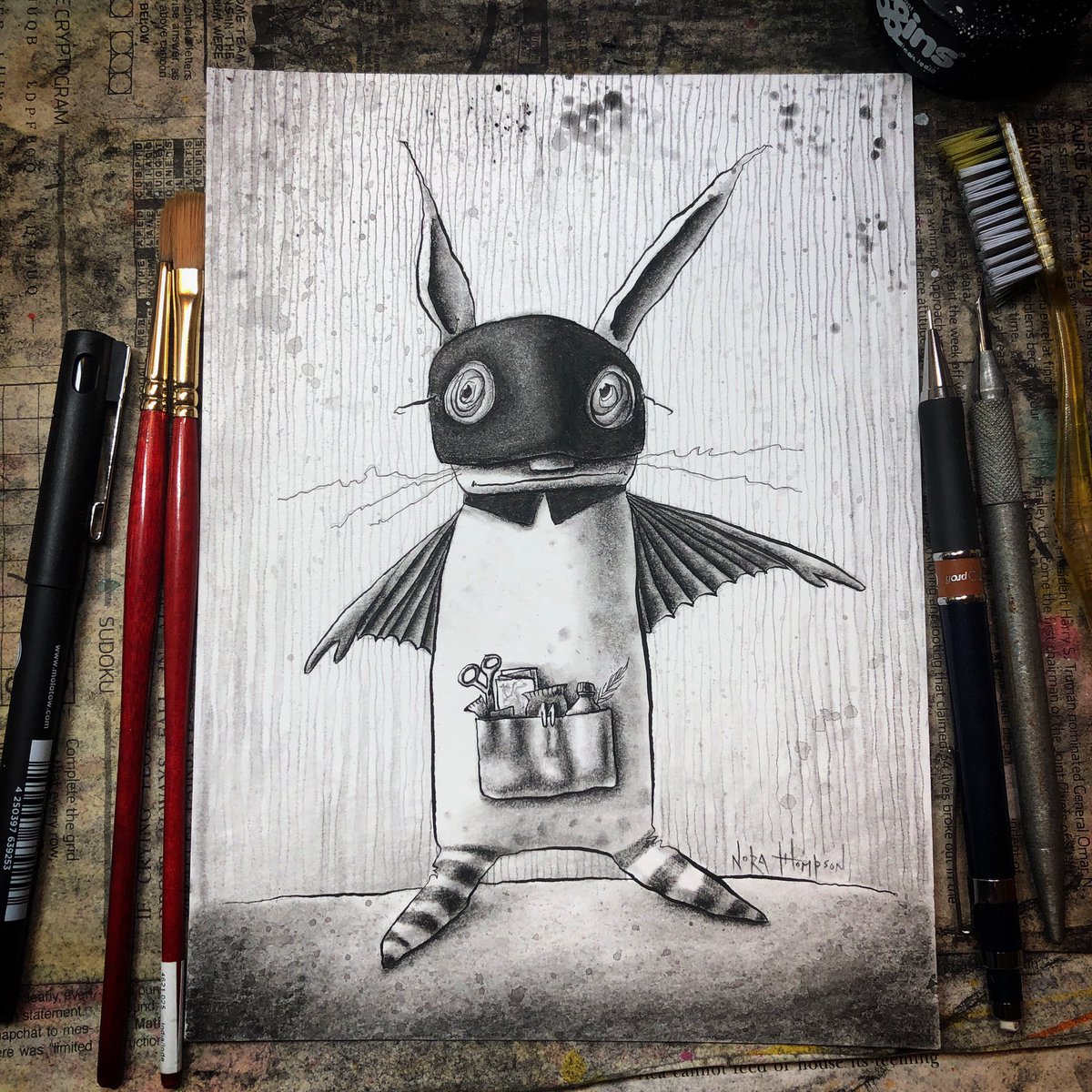 Day 30: Bunny Bat, World Traveler Ink, charcoal and carbon pencil on paper . #higginsinktober22 #higginsinks #inktober #inktober2022 #RottyHalloween #RH2K22 #monstober #lowbrow #strangeandunusual #peculiart #pittsburghartist #pghartist 🖤🤍🖤