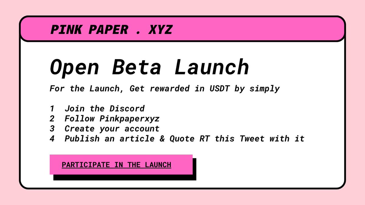 Pinkpaperxyz's tweet photo. We are proud to announce the open beta of our Platform 🥳, Be a part by
1️⃣ Join the Discord
2️⃣ Follow @Pinkpaperxyz
3️⃣ Create your account
4️⃣ Publish an article &amp; Quote RT this Tweet with it

For your efforts, get the reward in #USDT, Just verify at https://t.co/6FBUf17V7I https://t.co/PhjO3aa51X