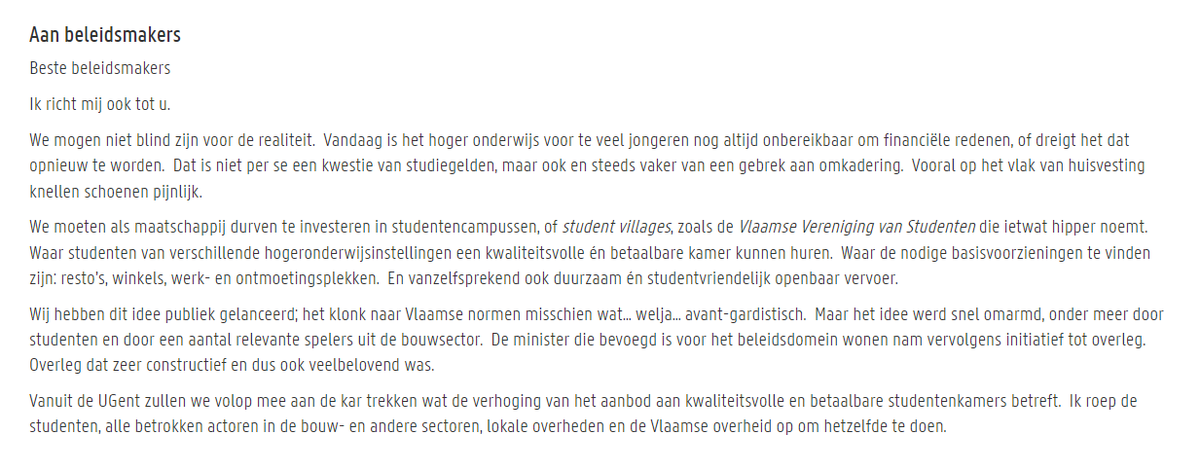 Ik pleitte al vele keren voor 'student villages' en sta dus ten volle achter de oproep van onze studenten. Meer nog, ik roep nogmaals álle betrokken actoren op om meer studentenhuisvesting te realiseren. (2/2)
Zie ook ugent.be/nl/actueel/ope…