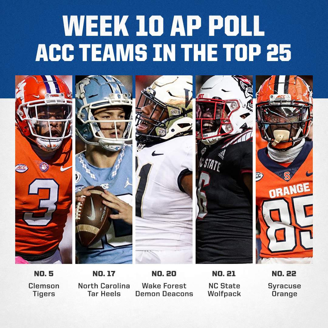 The ACC is in a three-way tie for most teams in the Week 10 AP Poll with five total 👀