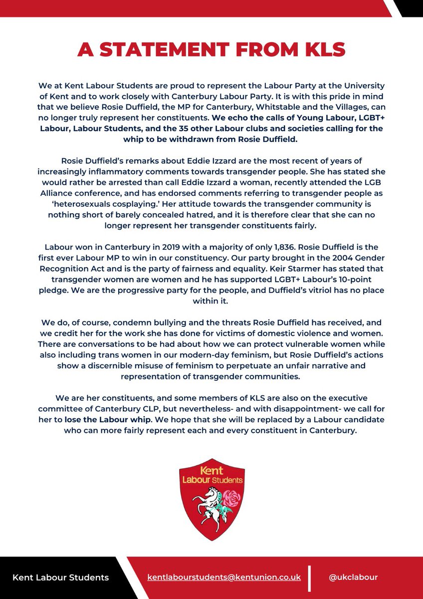 uniofkentlabour's tweet photo. This is our statement regarding the conduct of our MP for Canterbury, Rosie Duffield. If you need to contact us, please do so at kentlabourstudents@kentunion.co.uk 🌹🏳️‍⚧️ https://t.co/PyFtQ7Mvjx