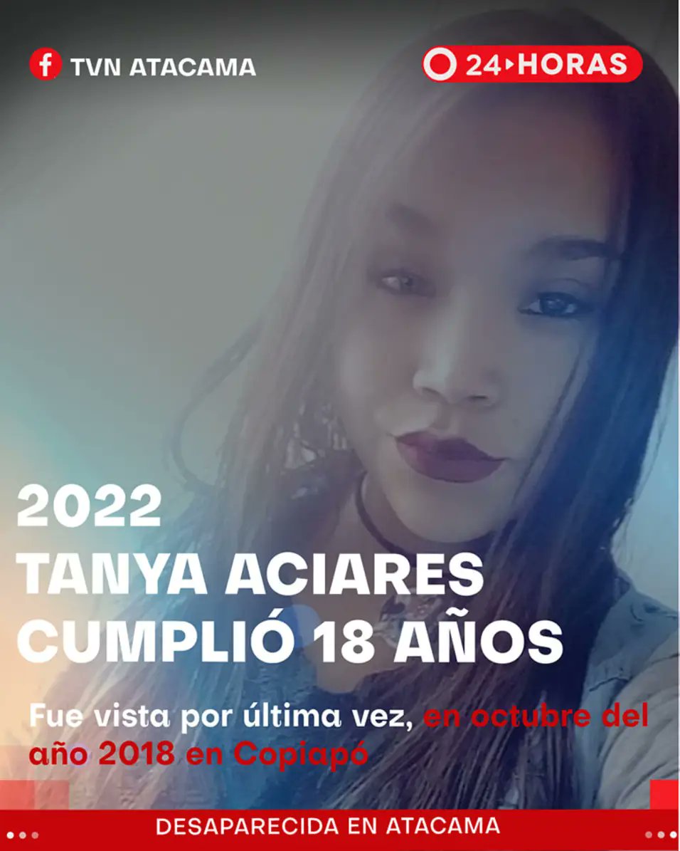 Tanya Aciares Pereira desapareció en octubre del año 2018 en Copiapó, Región de Atacama.
#desaparecidaCopiapó
#Atacama
#Copiapó

facebook.com/10006428471618…