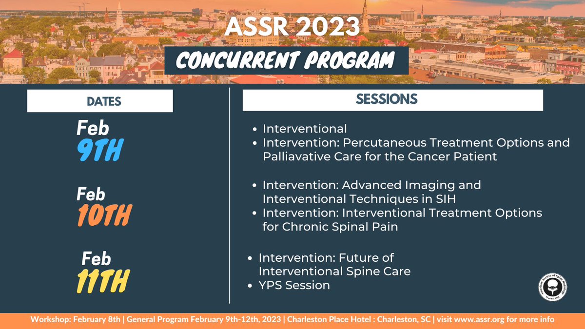 #ASSR23 schedule sneak peek!🥳 Hands-on workshop returns!👷🏽‍♀️💪🔨 Classics & updates on spine oncology, CSF leaks, & trauma!👍👍 Scientific abstracts & AI innovations!👨🏾‍🔬🤖 See you in Charleston, South Carolina, February 8-12, 2023! #Spine #Radiology #MedEd #RadRes #NeuroRad #MSKrad