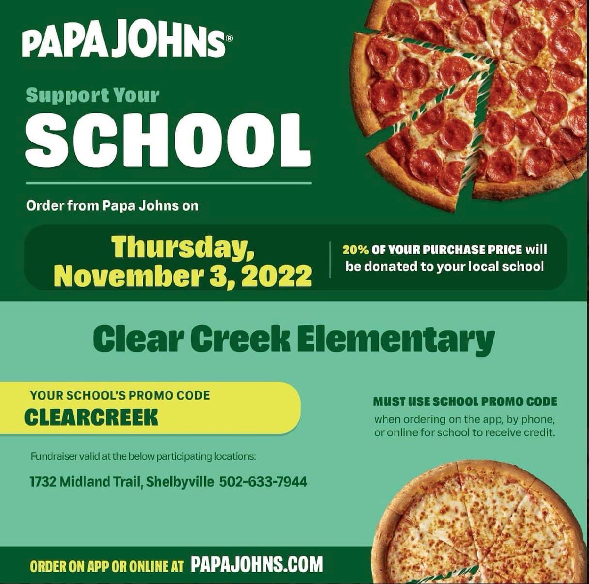 Pizza for dinner is always a good idea! This Thursday a portion of sales from Papa John’s will go towards our school!